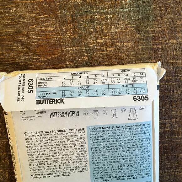 Butterick Sewing Pattern 6305 Childs Costume Royal King Queen Pilgrim 4-14 UNCUT - Picture 3 of 3